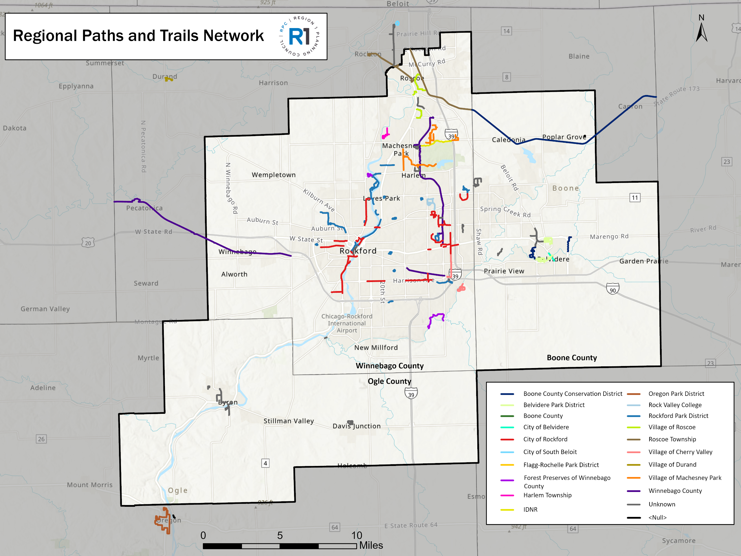 Map of the Rockford Regions' paths and trails network.