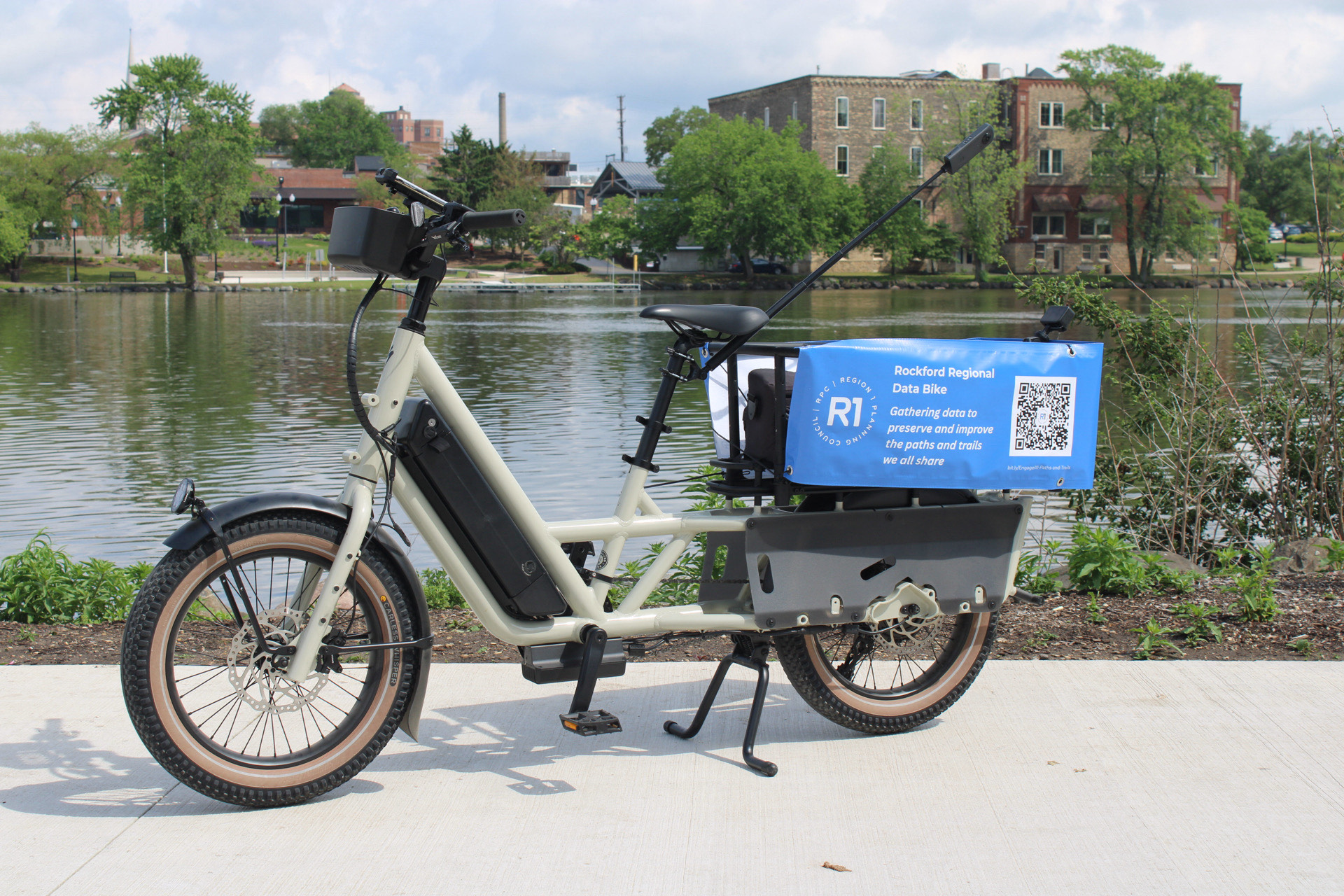 An image of the Rockford Regional Data Bike, and E-Bicycle equipped with cameras and sensors.