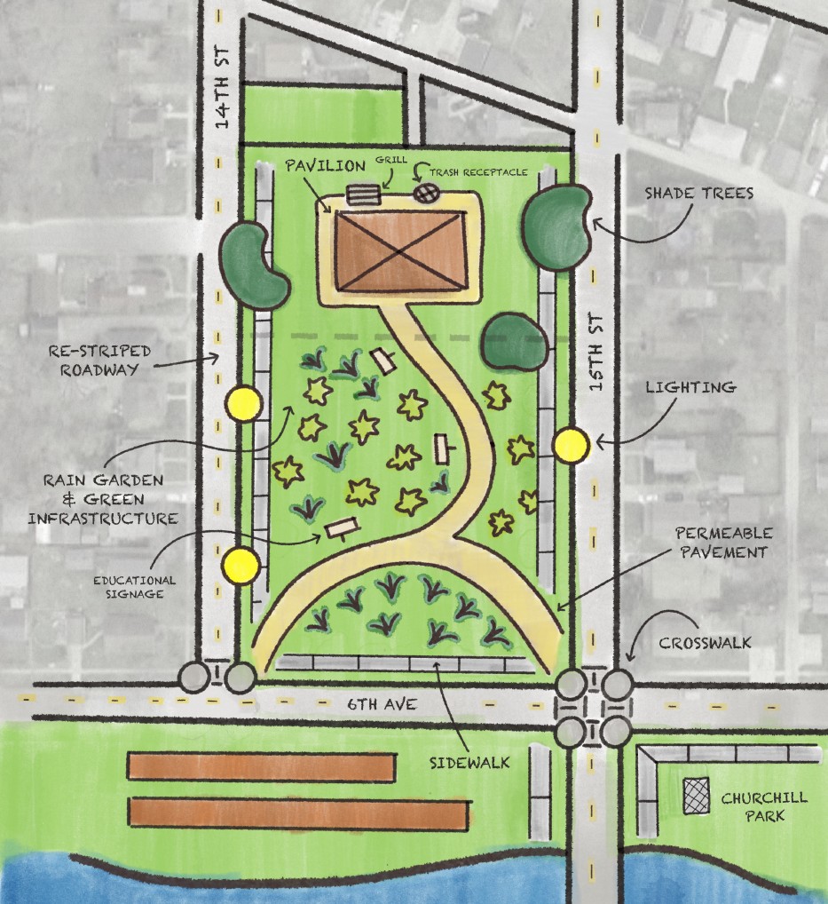 Aerial view of the old Nelson School site, with a layer on top of satellite imagery to show the design of the flood park which includes a permeable pavement path, improved lighting, pavilion, educational signage, and native plantings.