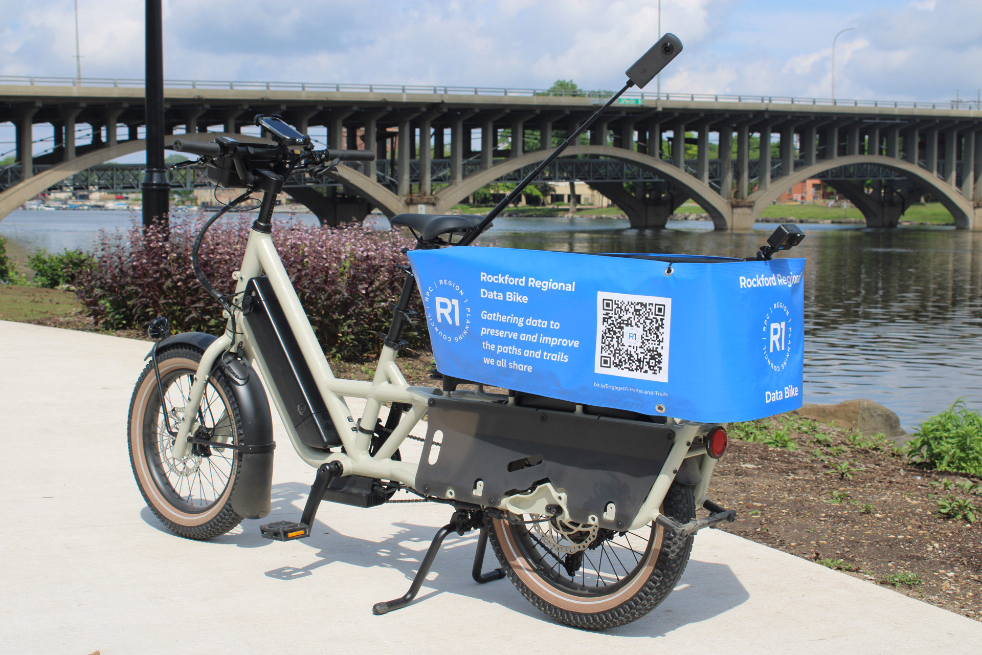 An image of the Rockford Regional Data Bike, and E-Bicycle equipped with cameras and sensors.