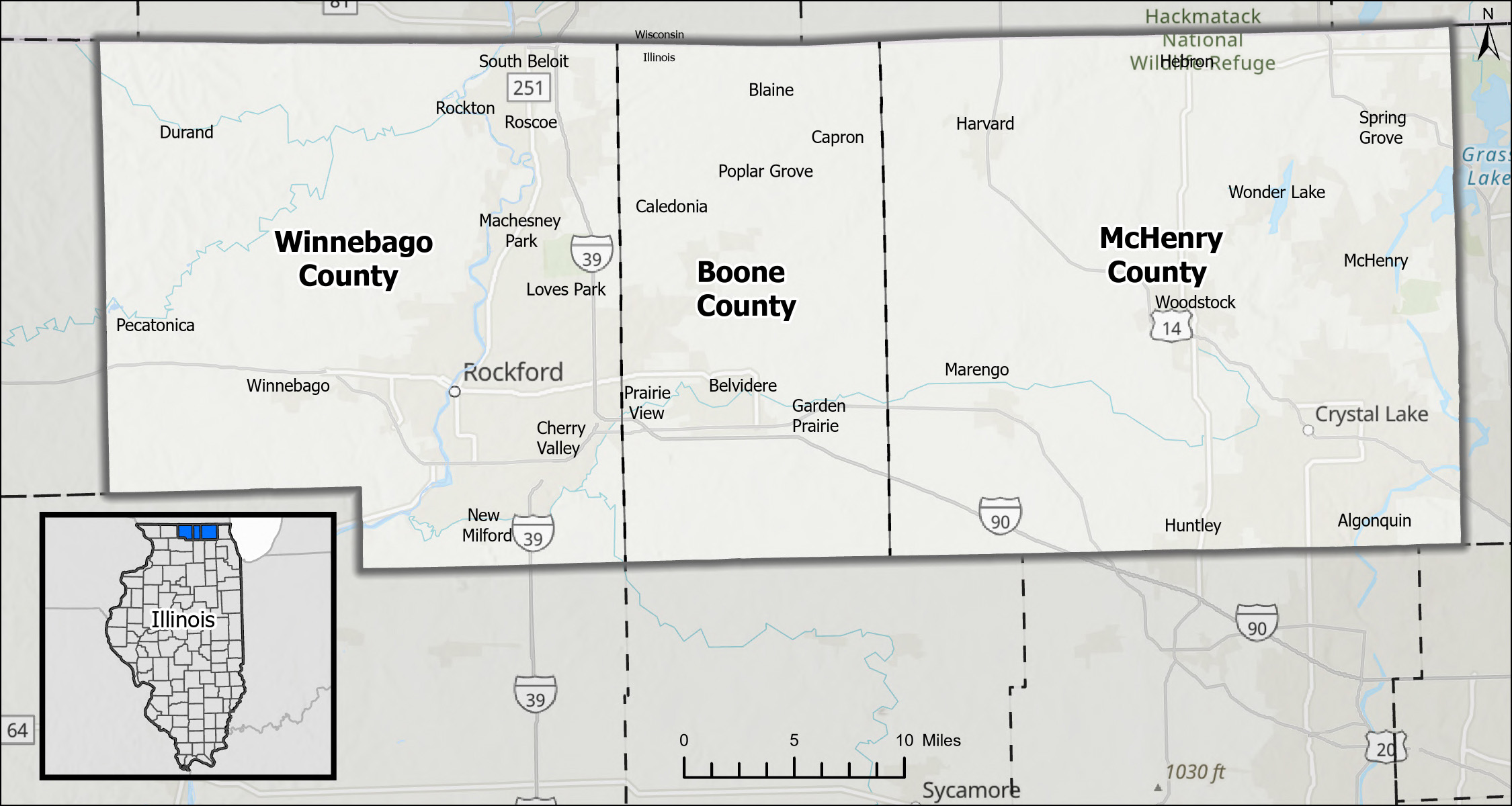 Map displaying the boundaries of the Economic Development District: Winnebago, Boone, and McHenry Counties