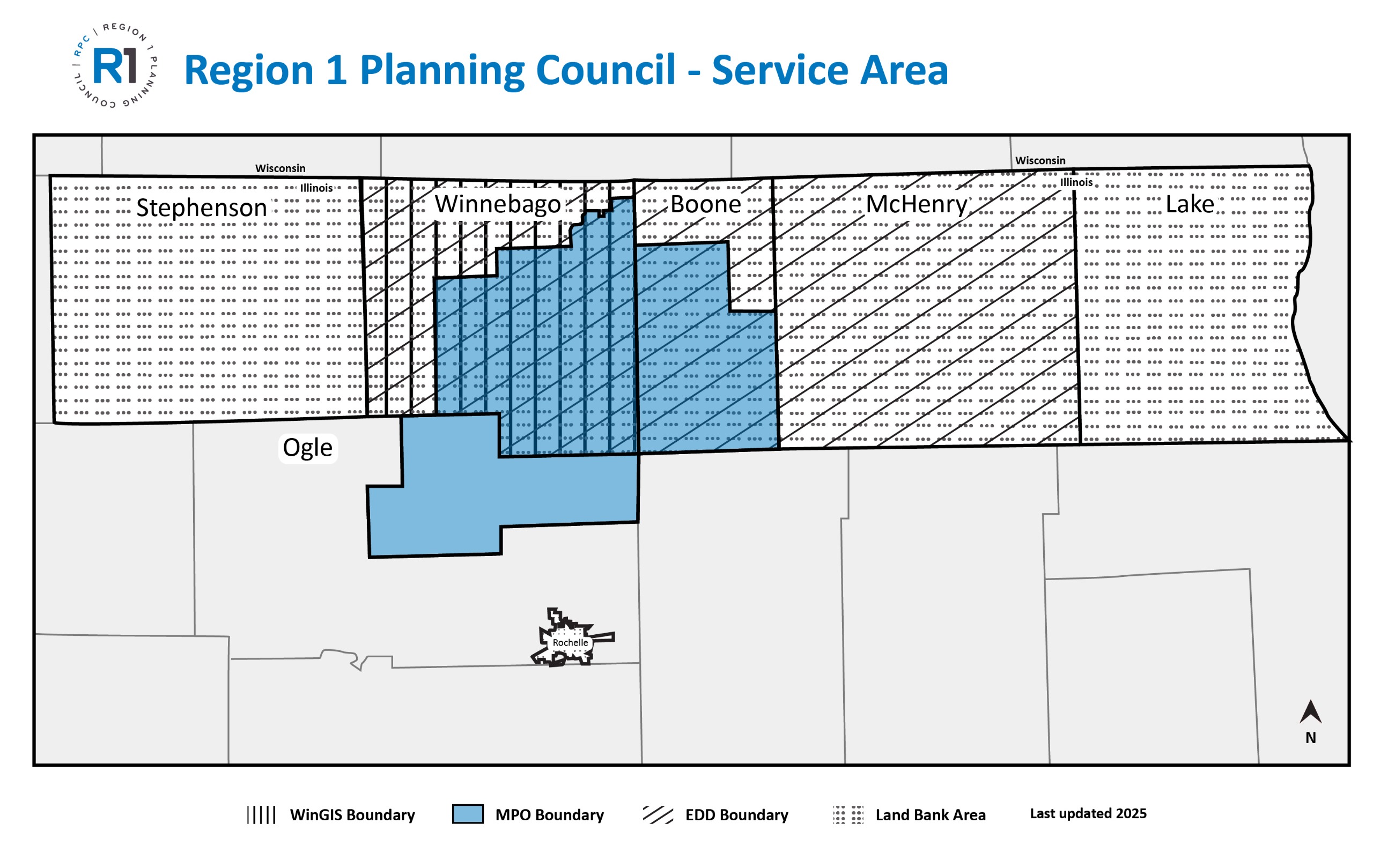 Map of the R1 Service Area. WinGIS boundary covers Winnebago County. EDD boundary covers Winnebago, Boone, McHenry county. Land Bank Area covers Stephenson, Winnebago, Boone, McHenry and Lake county and the City of Rochelle. The MPO boundary covers south 