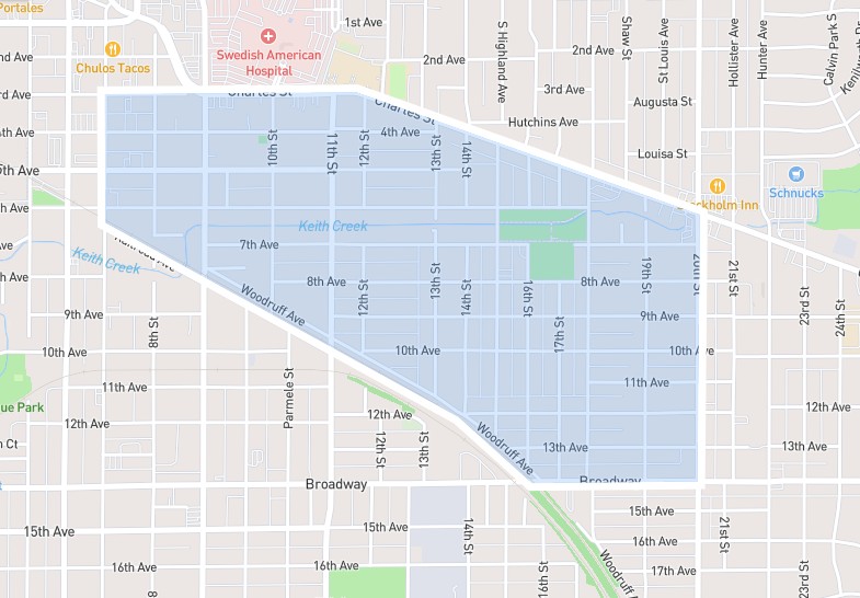 Map of keith creek neighborhood boundaries from 11st st to 20 st in Rockford