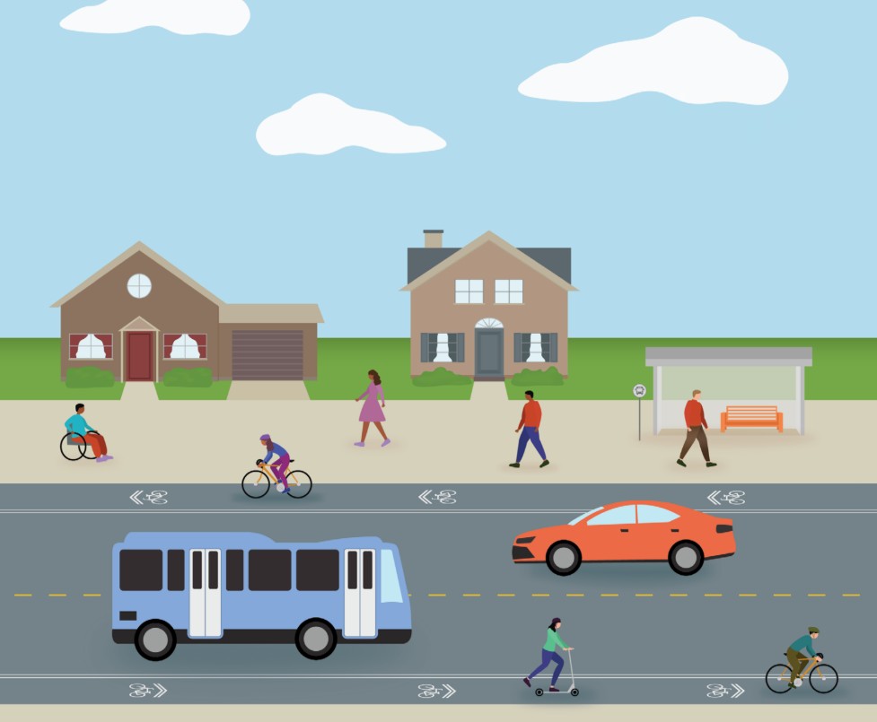 Graphic of a two-lane residential street with a bus and personal vehicle, bike lanes on both sides, people walking and biking, a covered bus shelter, two homes, and a blue sky with three clouds.