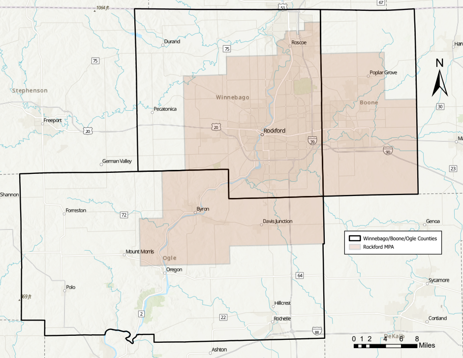 A map of the Rockford Metropolitan Planning Area within Winnebago, Boone, and Ogle Counties, which is the study area for this project.